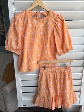 Floral Garden Embroidered Cotton Open Back Blouse and Skirt Set LOFT